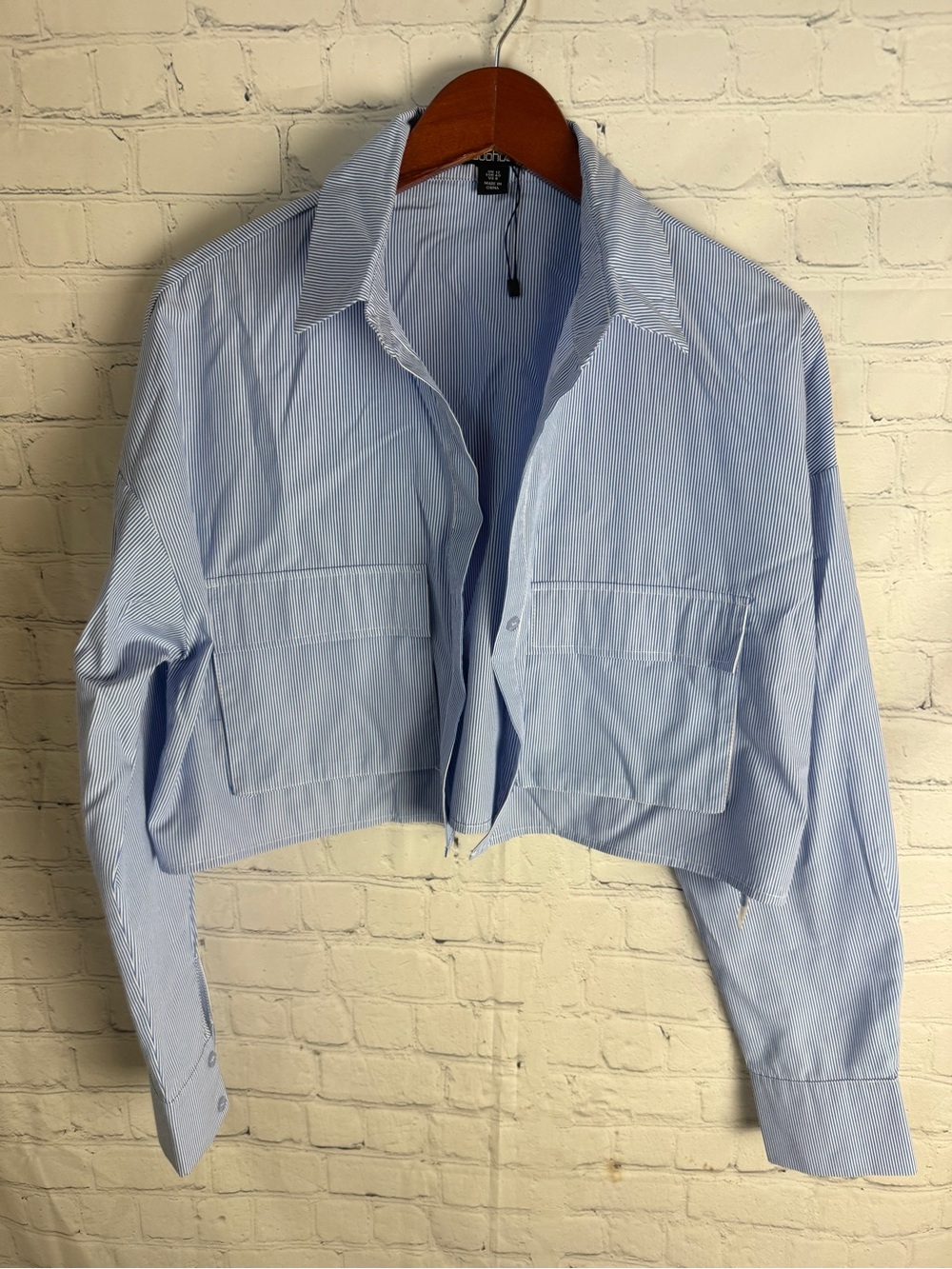 Boohoo Light Blue Cropped Pinstripe Blazer Shirt US 8